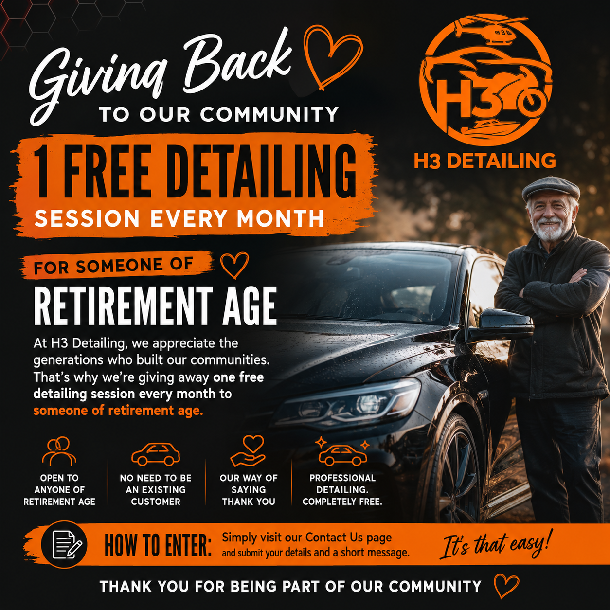 H3 Detailing Gives Back: Free Monthly Vehicle Detailing for Retired Members of Our Community